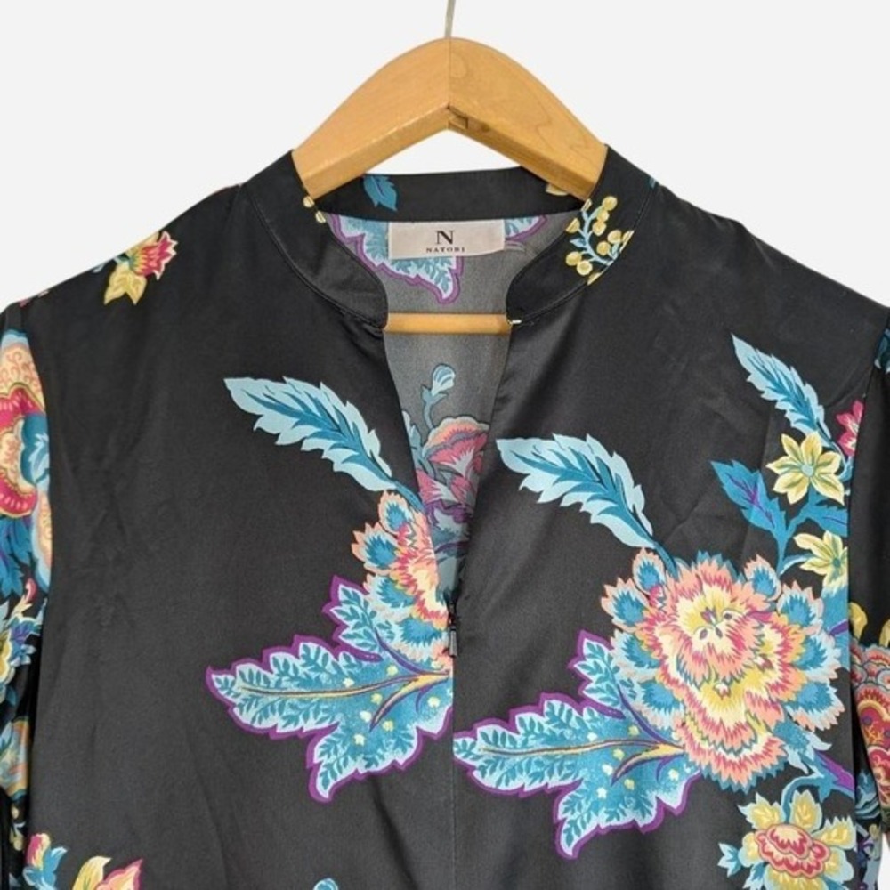 Natori Festival Satin Zip Caftan Black Floral 3/4 Sleeve Maxi Size Small - Picture 8 of 10